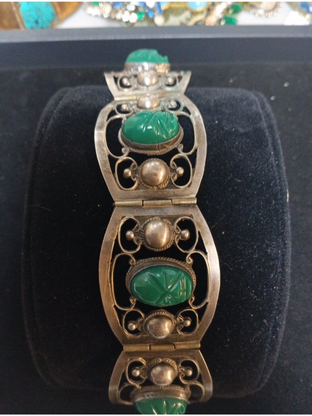 VINTAGE TAXCO MEXICO STERLING SILVER & JADE FILIGREE BRACELET (R4)